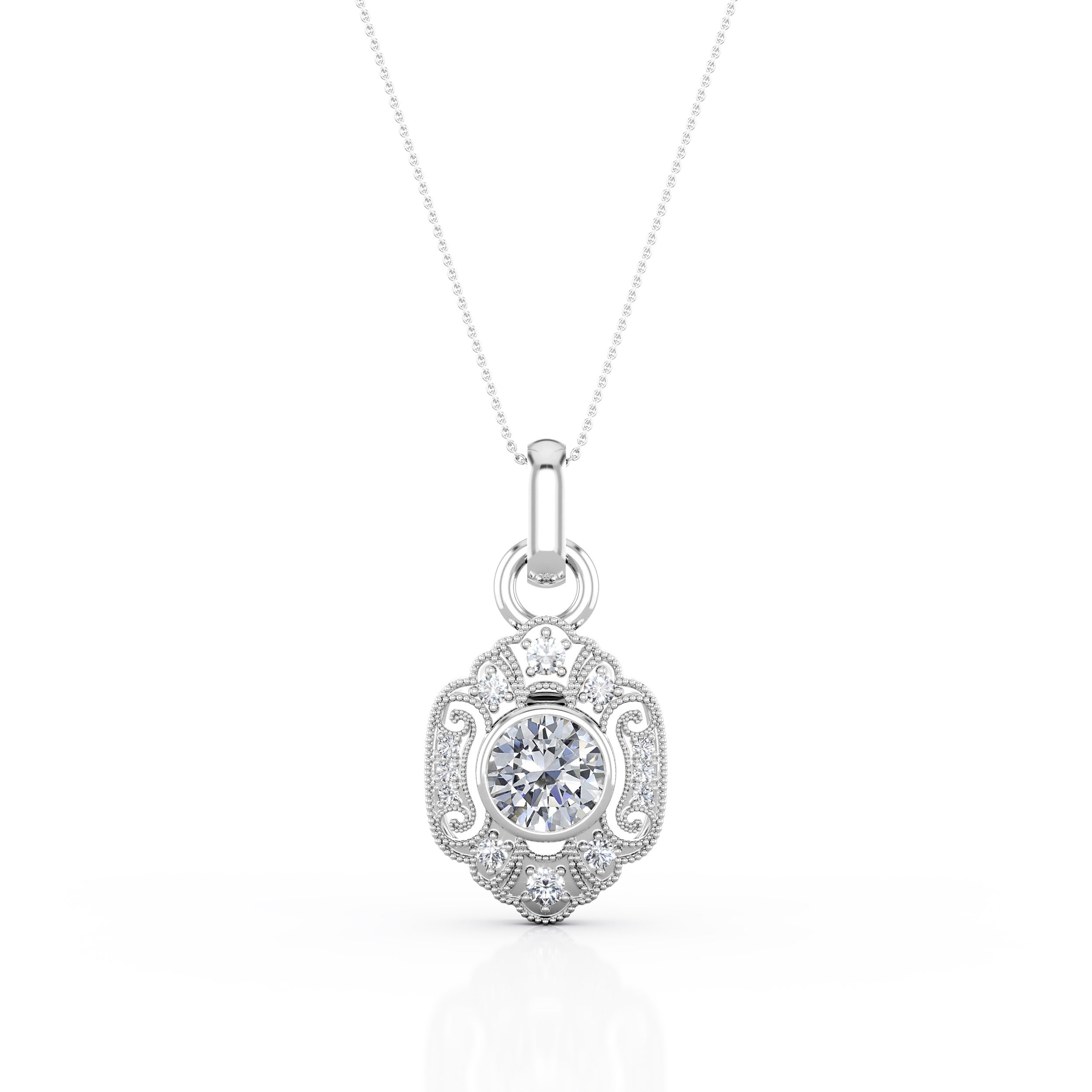 Milgrain Bezel Setting 0.60 Carat Round Certified Moissanite and Diamond Art Deco Outline Pendant Necklace in Rose Gold