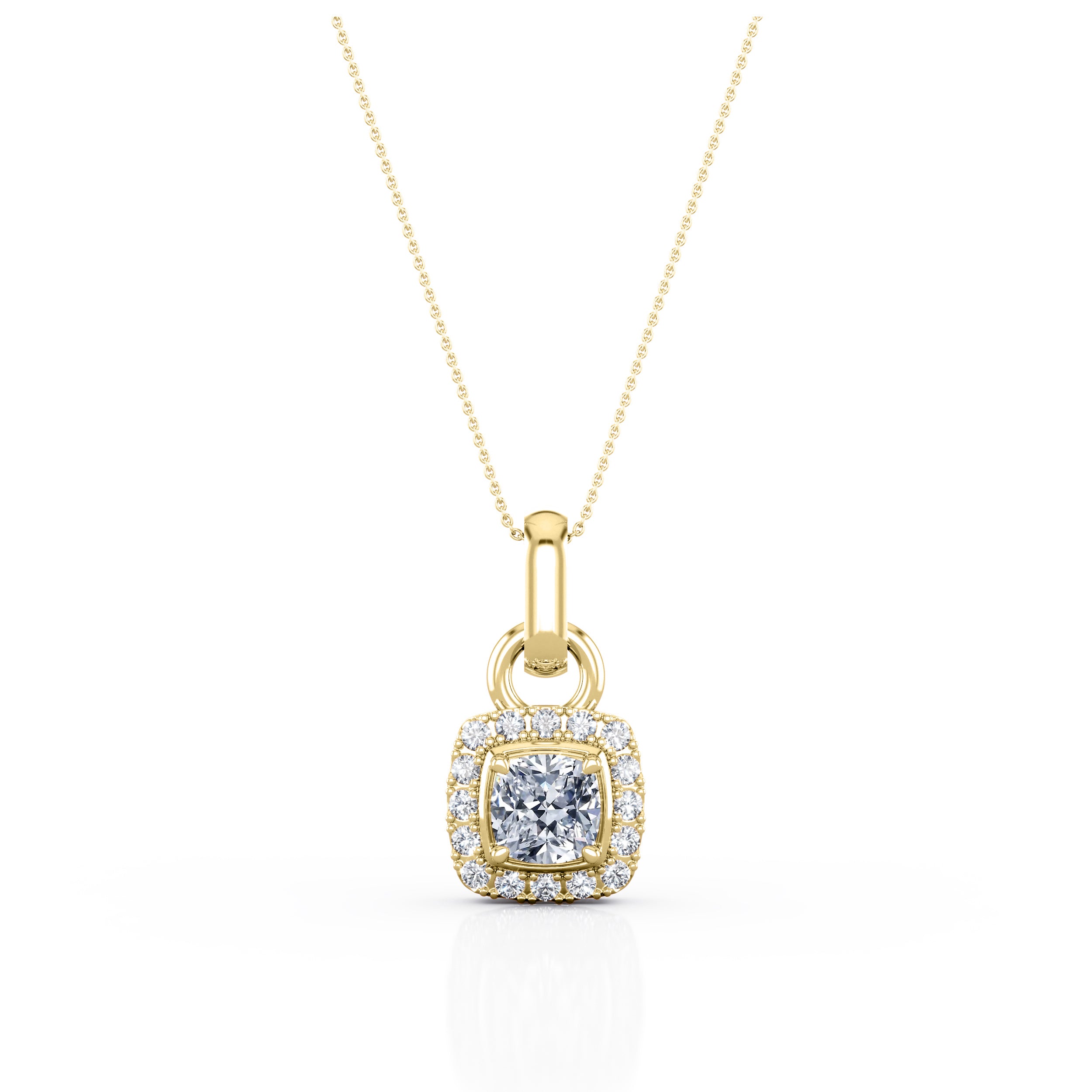Solitaire Claw Set 0.60 Carat Cushion Cut Certified Moissanite and Diamond Frame Encrusted Stud Pendant Necklace in Rose Gold