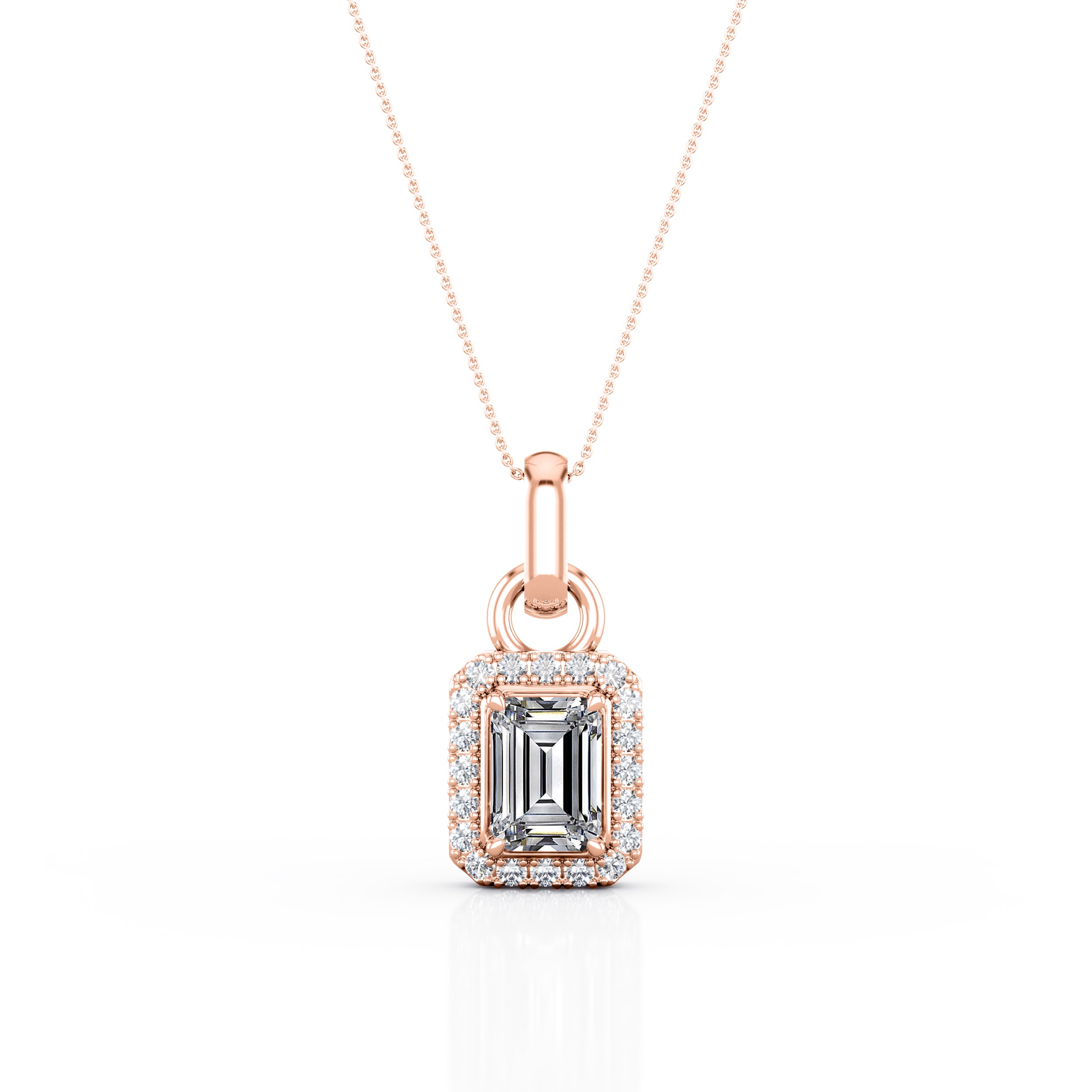 Four Claw Setting 1.10 Carat Emerald cut Certified Moissanite and Diamond Shared Prong Halo Stud Pendant Necklace