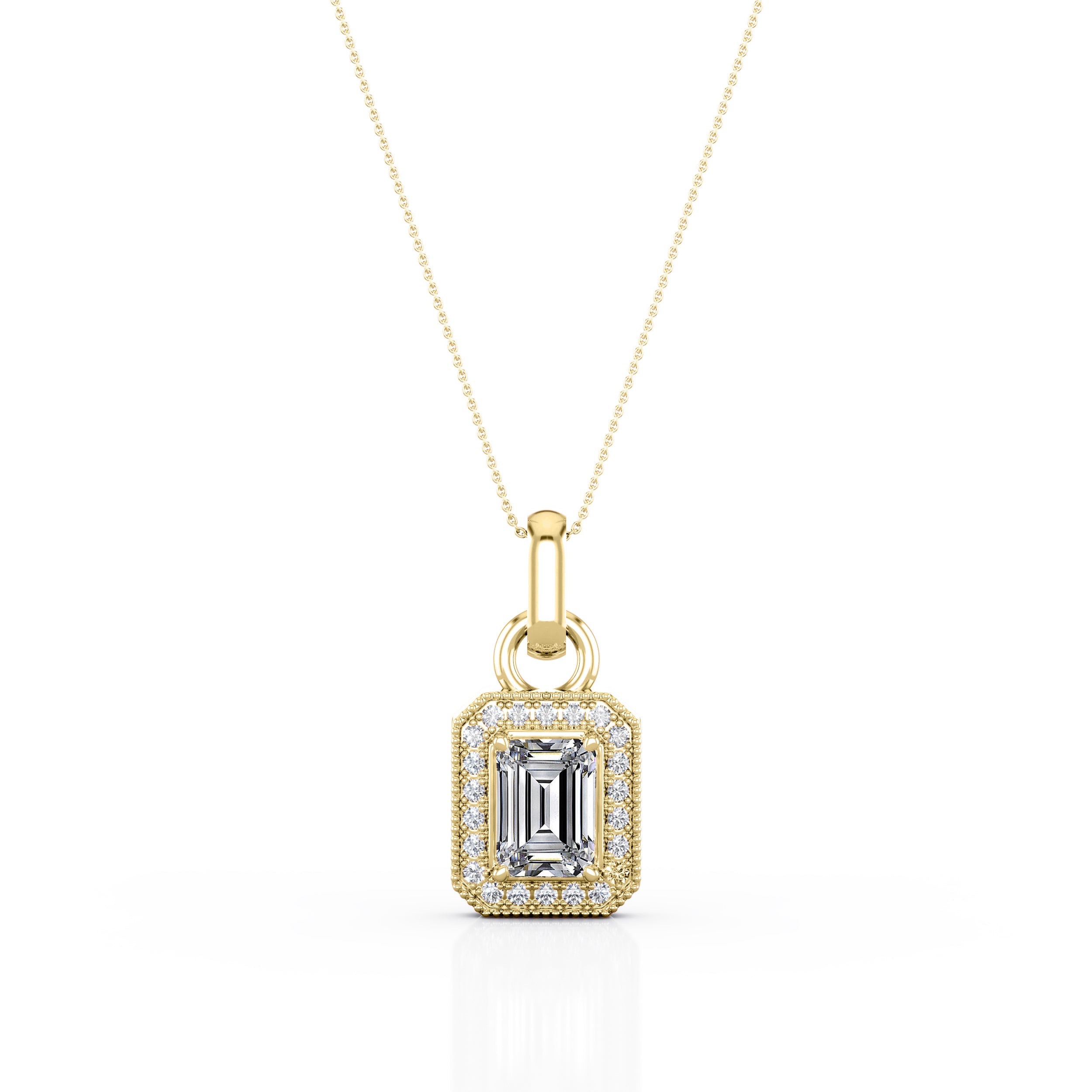 Antique Four Prong 1.10 Carat Emerald Cut Certified Moissanite and Diamond Milgrain Surface Prong Pendant Necklace in Rose Gold