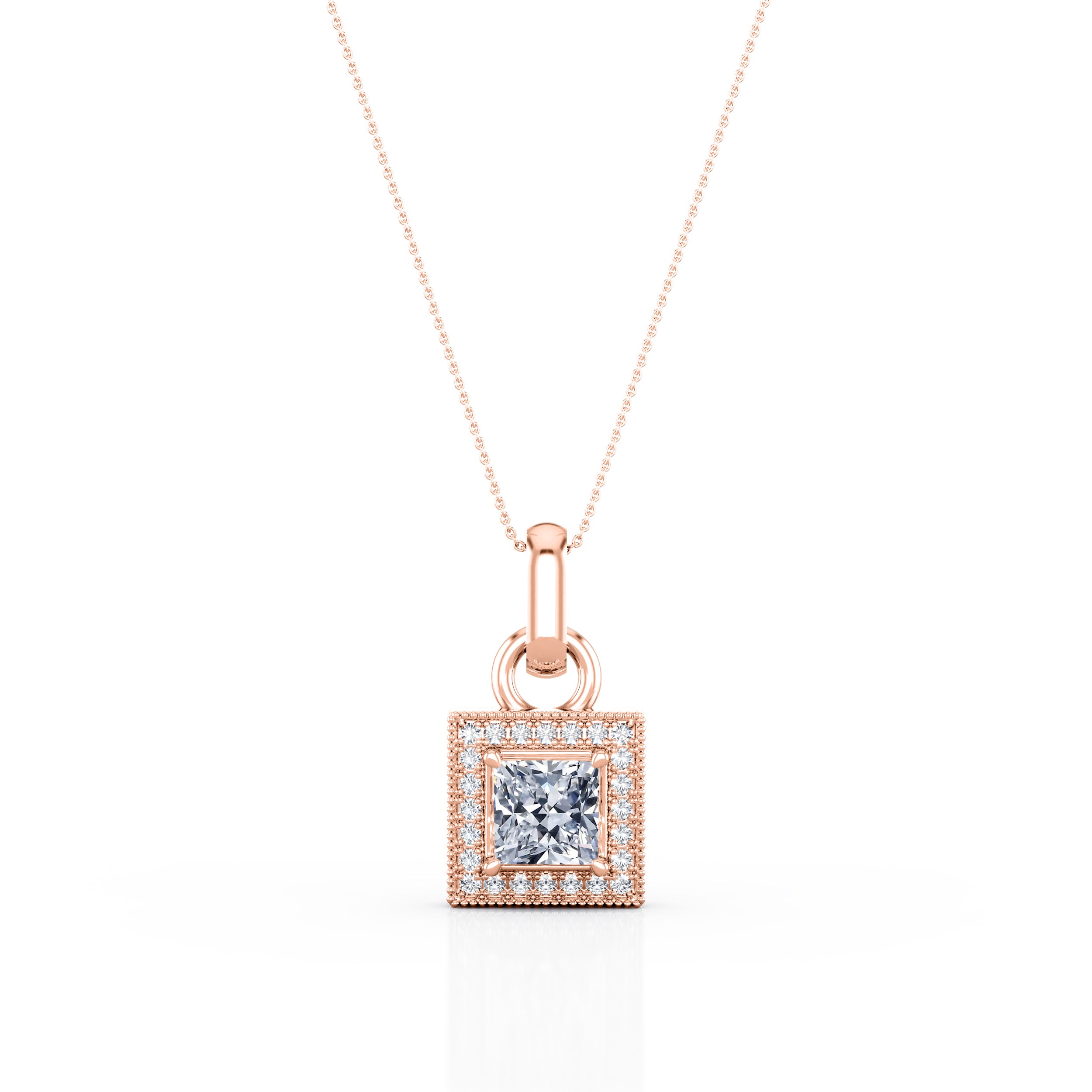 Single Solitaire 4 Claw 1.10 Carat Princess Cut Certified Moissanite and Diamond Surface Prong Pendant Necklace in White Gold