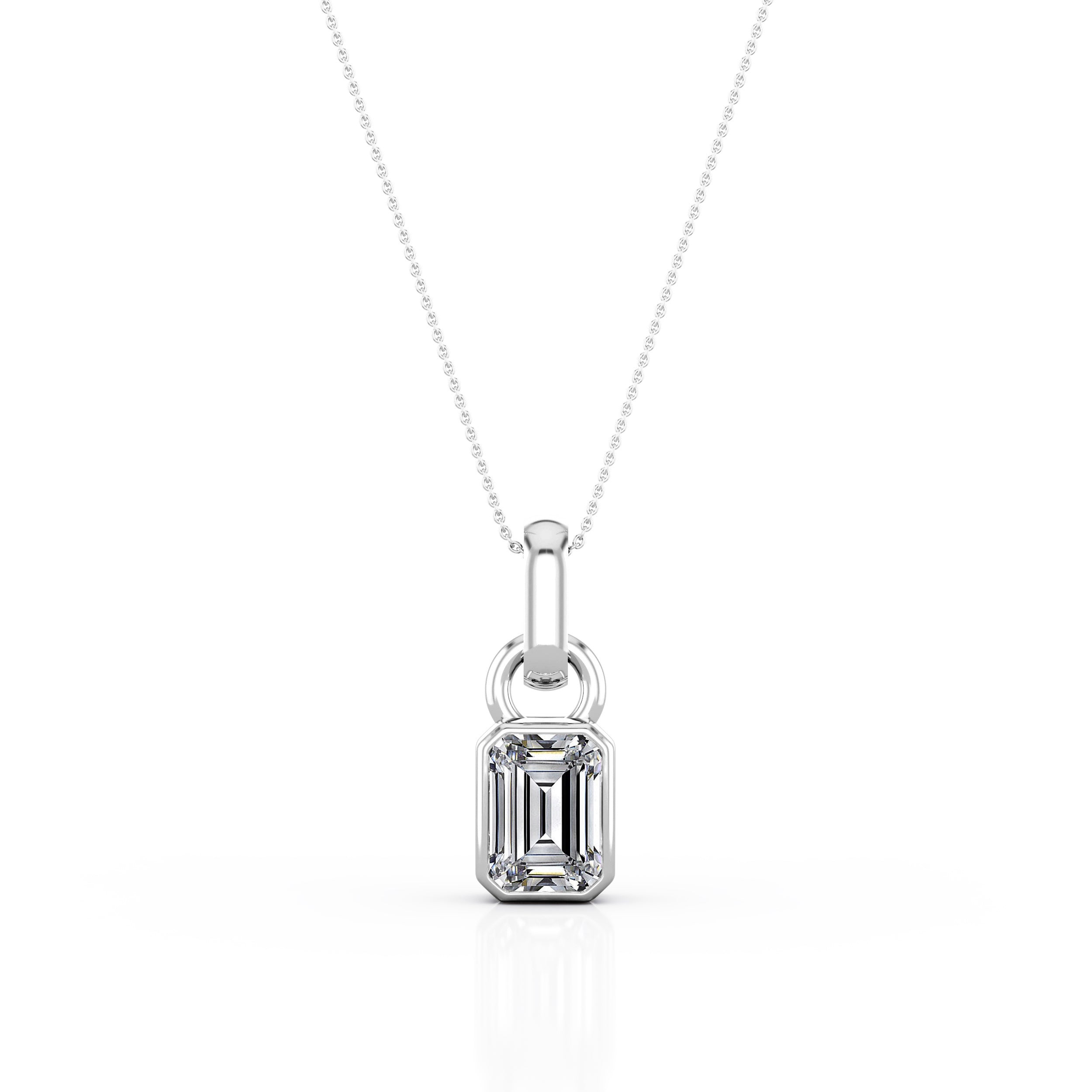 Single Stone Bezel Set 1 Carat Emerald Cut Certified Moissanite Stud Pendant Necklace in Rose Gold