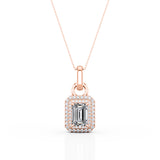 Flawless 4 Prong 1.50 Carat Emerald Cut Certified Moissanite and Diamond Frame Encrusted Pendant Necklace in White Gold