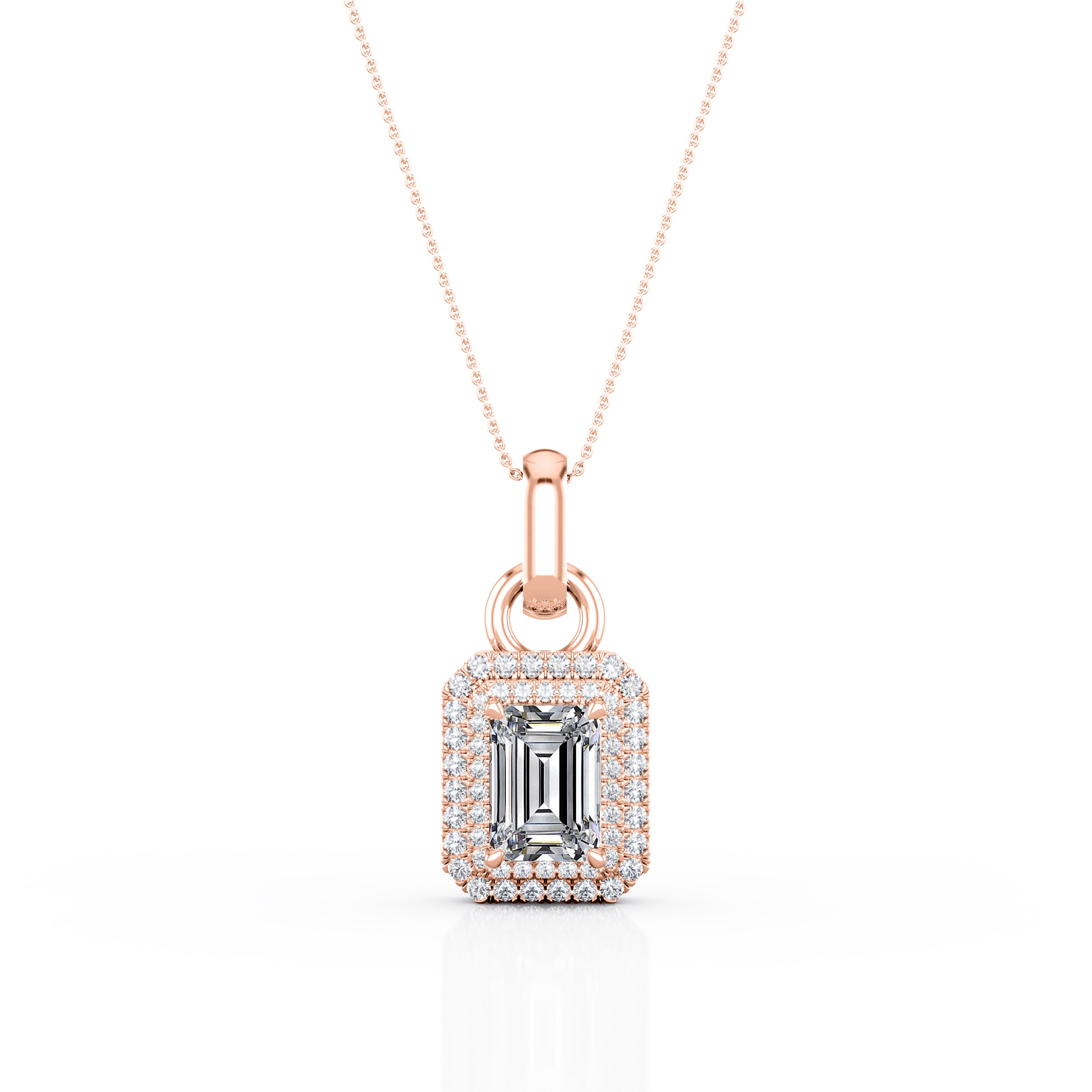 Flawless 4 Prong 1.50 Carat Emerald Cut Certified Moissanite and Diamond Frame Encrusted Pendant Necklace in White Gold