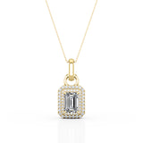 Flawless 4 Prong 1.50 Carat Emerald Cut Certified Moissanite and Diamond Frame Encrusted Pendant Necklace in White Gold