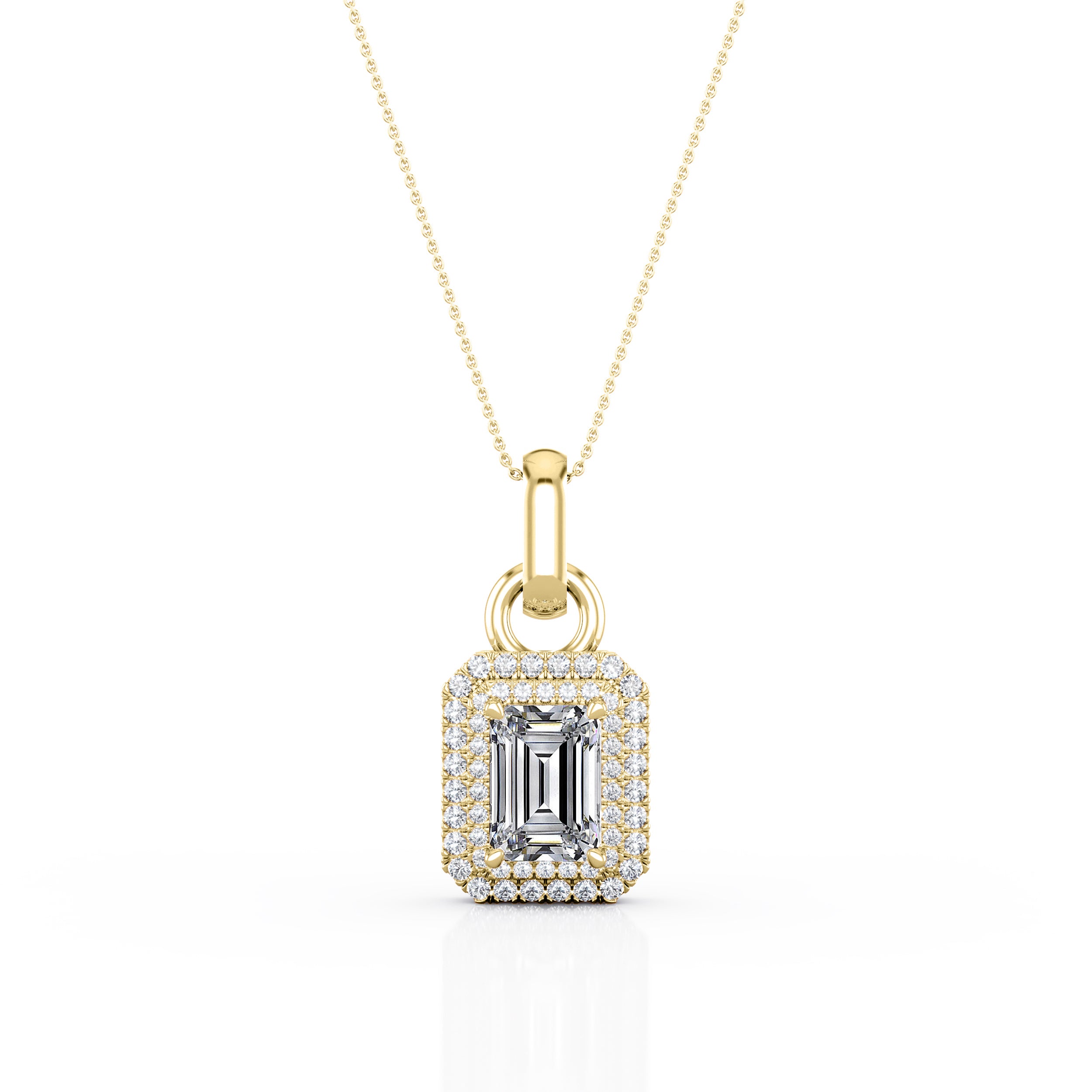 Flawless 4 Prong 1.50 Carat Emerald Cut Certified Moissanite and Diamond Frame Encrusted Pendant Necklace in White Gold