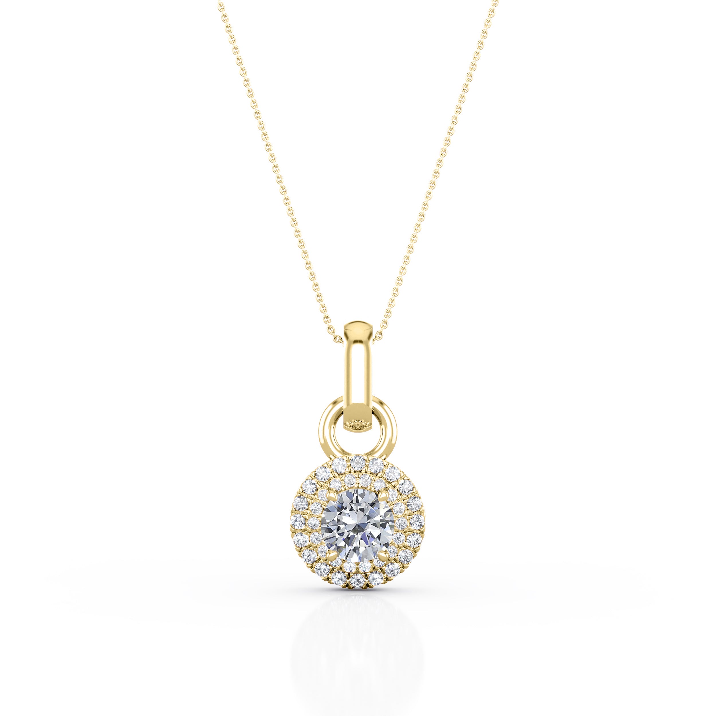 Sunflower Prong Set 1.5 Carat Round Cut Certified Moissanite and Diamond Double Halo Pendant Necklace in White Gold