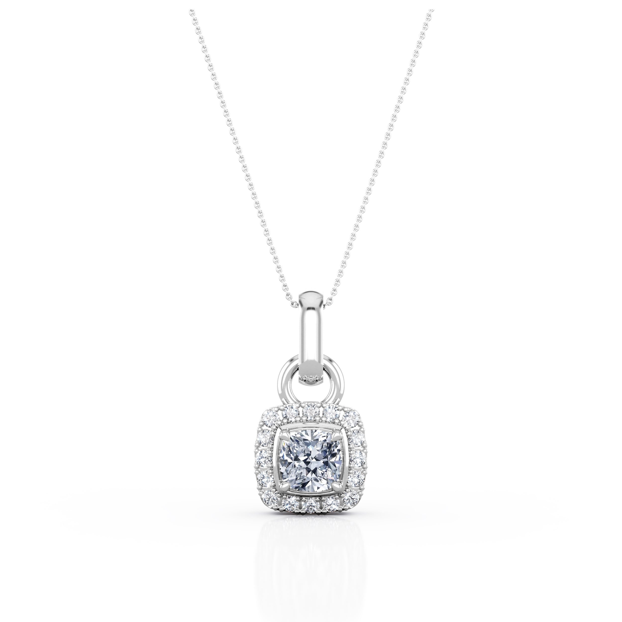 Solitaire Claw Set 0.60 Carat Cushion Cut Certified Moissanite and Diamond Frame Encrusted Stud Pendant Necklace in Rose Gold