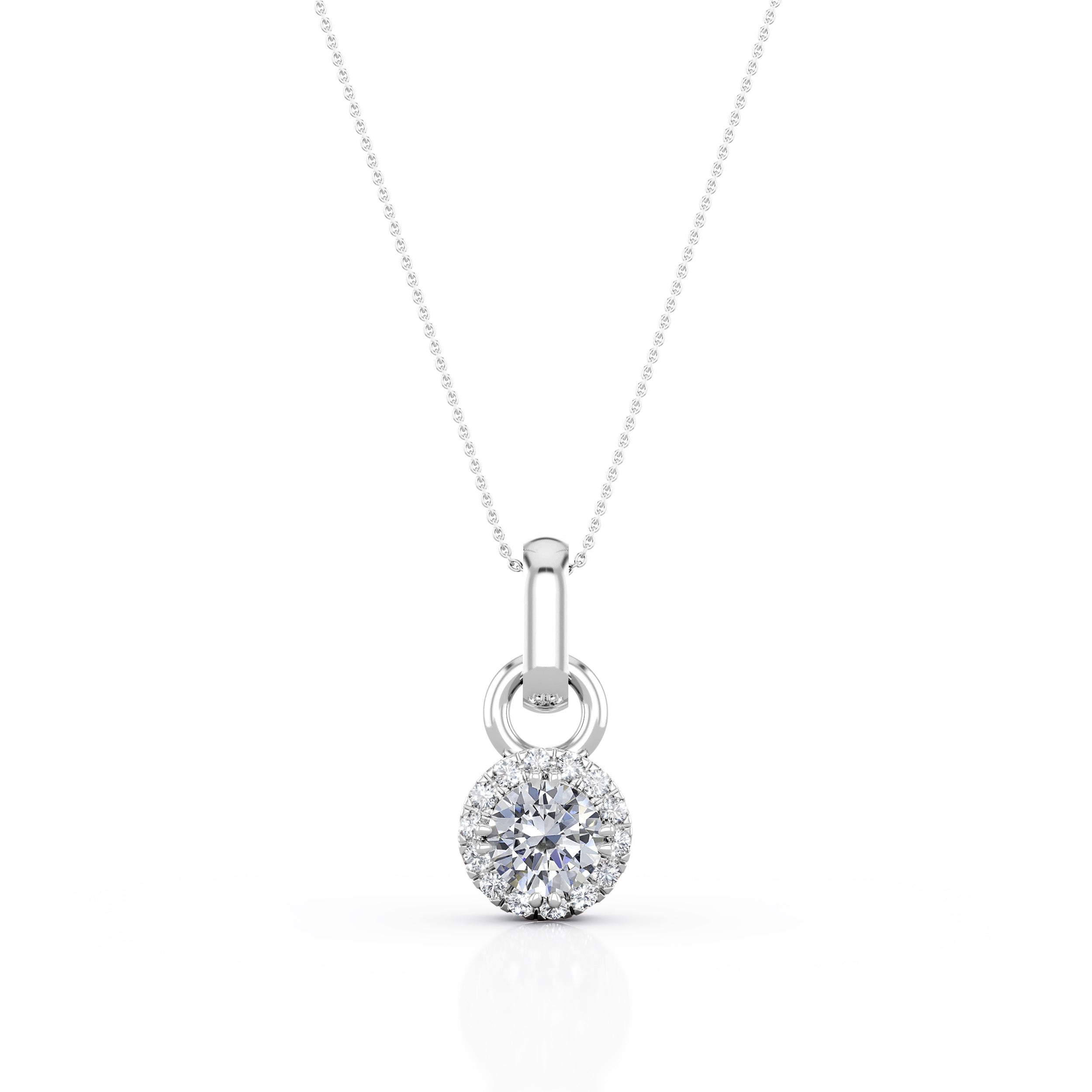Basket Set Double Prong 1.1 Carat Round Certified Moissanite and Diamond Halo Pendant Necklace in White Gold
