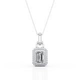 Flawless 4 Prong 1.50 Carat Emerald Cut Certified Moissanite and Diamond Frame Encrusted Pendant Necklace in White Gold