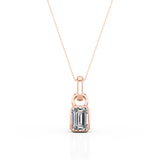 Single Stone Bezel Set 1 Carat Emerald Cut Certified Moissanite Stud Pendant Necklace in Rose Gold