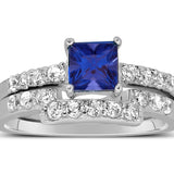 Antique 2 Carat Princess Genuine Sapphire and Moissanite Bridal Wedding Ring Set with Engagement Ring and Wedding Band in 18k Gold Over Silver