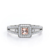 Split-Shanked Pave 1.55 Carat Princess Cut Morganite and diamond Milgrain-Bordered Halo Engagement Ring in White Gold
