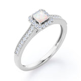 Halo Design 1.25 Carat Princess Cut Opal and diamond Milgrain-Bordered Pave-Channel Engagement Ring in White Gold