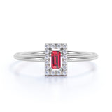 Channel Set Emerald Shape Lab Ruby and Diamond Petite Engagement Ring in White Gold