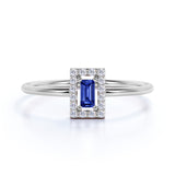 Channel Set Emerald Shape Peacock Blue Sapphire and Diamond Petite Engagement Ring in White Gold