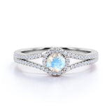 Split Shank 1.50 Carat Round Blue Fire Moonstone and Diamond Fishtail Engagement Ring in White Gold