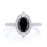 Huge 1.50 Carat Oval Lab Made Lab Black Diamond and Clustered Engagement Ring in White Gold