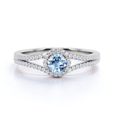 Split Shank 1.50 Carat Round Dark Blue Aquamarine and Diamond Fishtail Engagement Ring in White Gold
