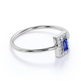 Channel Set Emerald Shape Peacock Blue Sapphire and Diamond Petite Engagement Ring in White Gold