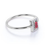 Channel Set Emerald Shape Lab Ruby and Diamond Petite Engagement Ring in White Gold