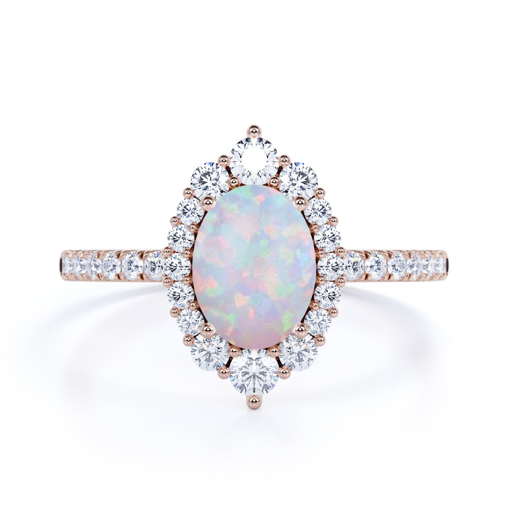 Huge 1.50 Carat Oval Mexican Fire Opal and Diamond Clustered Engagement Ring in Rose Gold