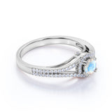 Split Shank 1.50 Carat Round Blue Fire Moonstone and Diamond Fishtail Engagement Ring in White Gold