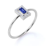 Channel Set Emerald Shape Peacock Blue Sapphire and Diamond Petite Engagement Ring in White Gold