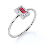 Channel Set Emerald Shape Lab Ruby and Diamond Petite Engagement Ring in White Gold