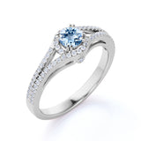 Split Shank 1.50 Carat Round Dark Blue Aquamarine and Diamond Fishtail Engagement Ring in White Gold