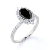 Huge 1.50 Carat Oval Lab Made Lab Black Diamond and Clustered Engagement Ring in White Gold