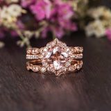 Antique 2 ct Cushion Morganite Trio Wedding Ring Set
