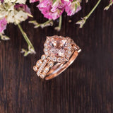 Antique 2 ct Cushion Morganite Trio Wedding Ring Set