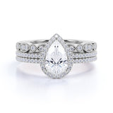 Beautiful 1.5 Carat Real Moissanite Wedding Trio Ring Set with Engagement Ring and 2 Wedding Bands in 18k Gold Over Silver