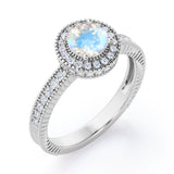 Decorative Halo 1 carat Round Moonstone and Diamond Milgrain Engagement Ring in White Gold