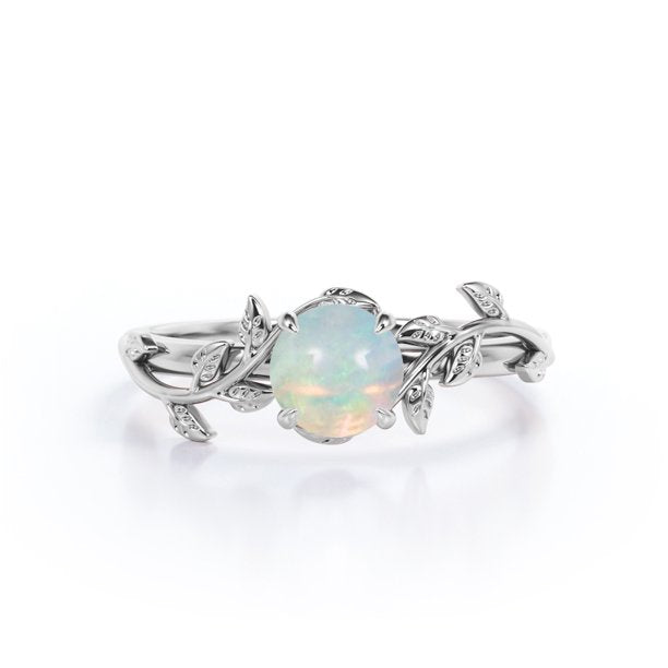 Nature Inspired Design - 1 Carat Round Shape Fire Opal - Prong Setting Engagement Ring - 18K White Gold Plating Over Silver