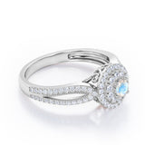 Double Halo Cluster 1.8 Carat Round-Shaped Moonstone and diamond Split-Shanked Milgrain Pave Engagement Ring in Rose Gold