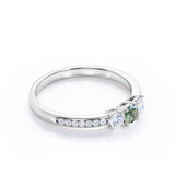 Elegant Trilogy 1.25 carat Round Moss Green Agate and Moissanite Promise Ring in White Gold