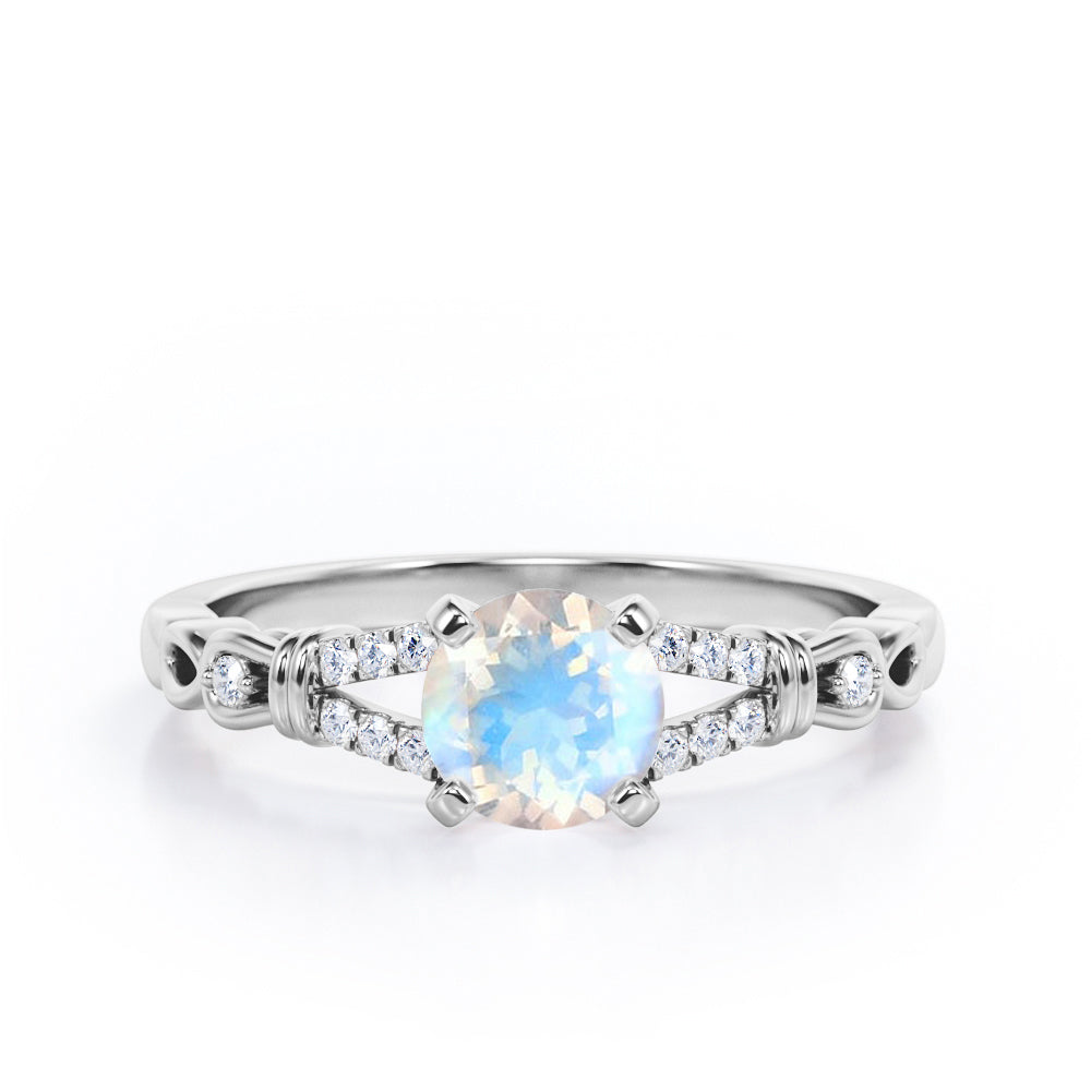 Split Shank 0.6 carat Round Moonstone and Diamond Engagement Ring in Rose Gold