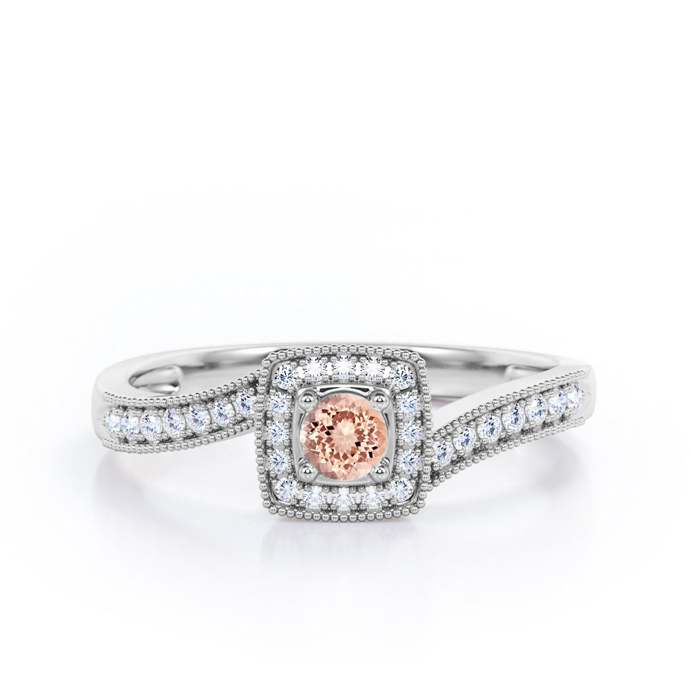 Flush-Prong Halo 1.25 Carat Round Cut Morganite and diamond Milgrain-Edged Pave Channel Engagement Ring in Rose Gold