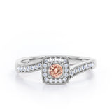 Flush-Prong Halo 1.25 Carat Round Cut Morganite and diamond Milgrain-Edged Pave Channel Engagement Ring in Rose Gold