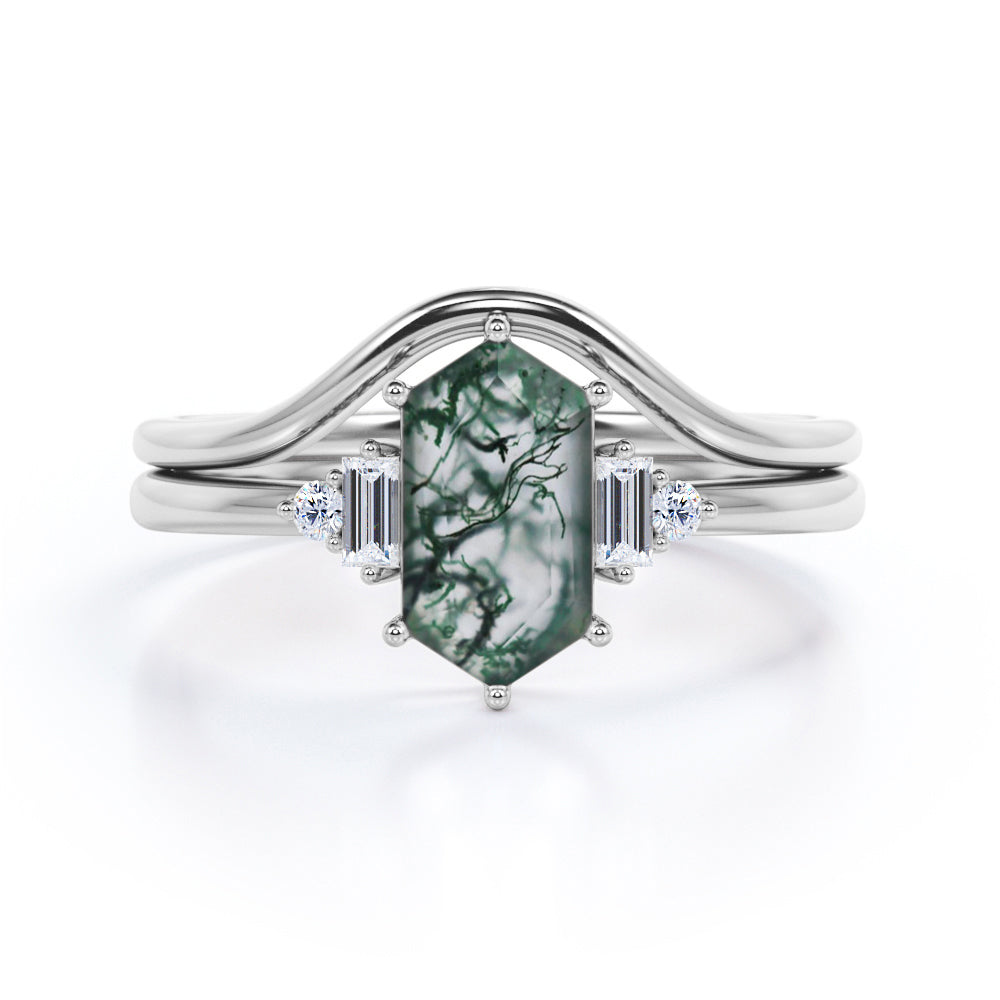 Five Stone 0.8 Ct Hexagon Moss Agate Curved Bridal Set
