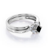 Petite Pave-Channel - 0.55 TCW Rhombus Princess Cut Black Diamond - Prong Tensioned Wedding Ring Set -  White Gold