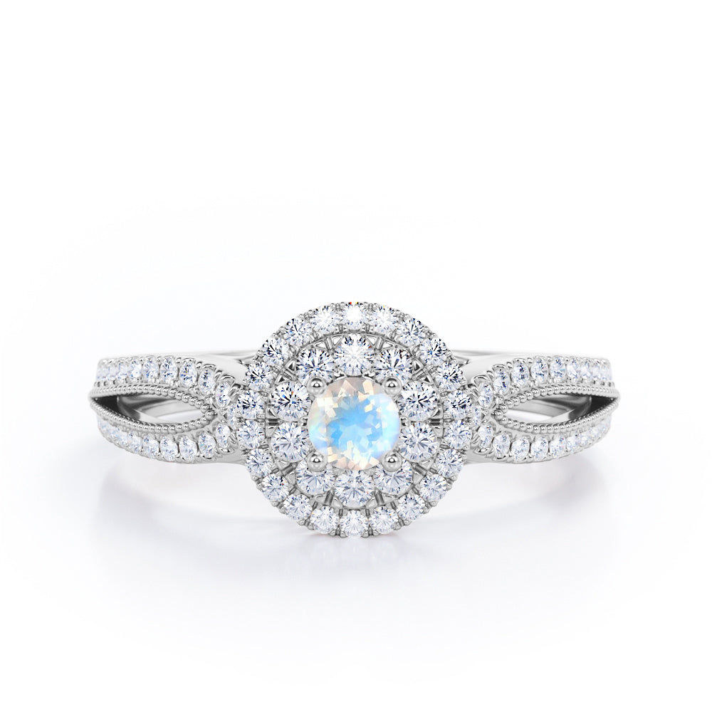 Double Halo Cluster 1.8 Carat Round-Shaped Moonstone and diamond Split-Shanked Milgrain Pave Engagement Ring in Rose Gold