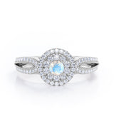 Double Halo Cluster 1.8 Carat Round-Shaped Moonstone and diamond Split-Shanked Milgrain Pave Engagement Ring in Rose Gold