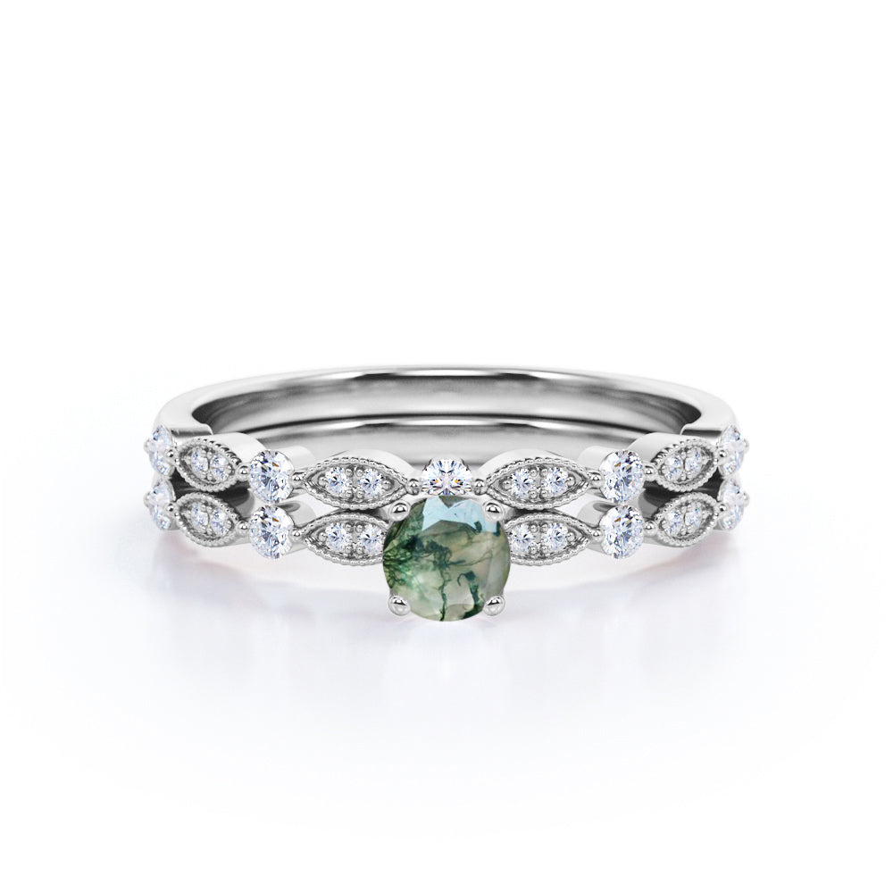 Aesthetic 0.8 carat Round Moss Agate and Moissanite Scalloped Bridal Ring Set in Black Gold