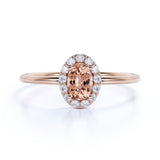 Dainty 0.65 Carat Oval Shape Pink Light Morganite and Diamond Halo Classic Engagement Ring in Rose Gold
