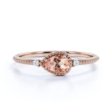 Sideways 1.10 Carat Pear Brazilian Morganite and 3 Stone Diamond Elegant Engagement Ring in Rose Gold