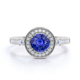 Vintage 0.58 Carat Round Navy Blue Sapphire and Bead Bright Diamond Engagement Ring in White Gold