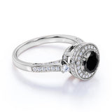 Vintage 1.75 Carat Round Lab Grown Lab Black Diamond and Bead Bright Engagement Ring in White Gold